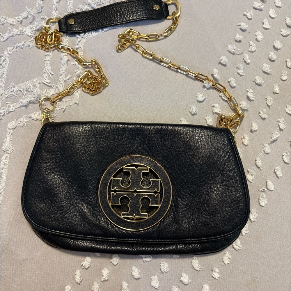 Tory Burch Black Leather Shoulder Bag with Gold Chain